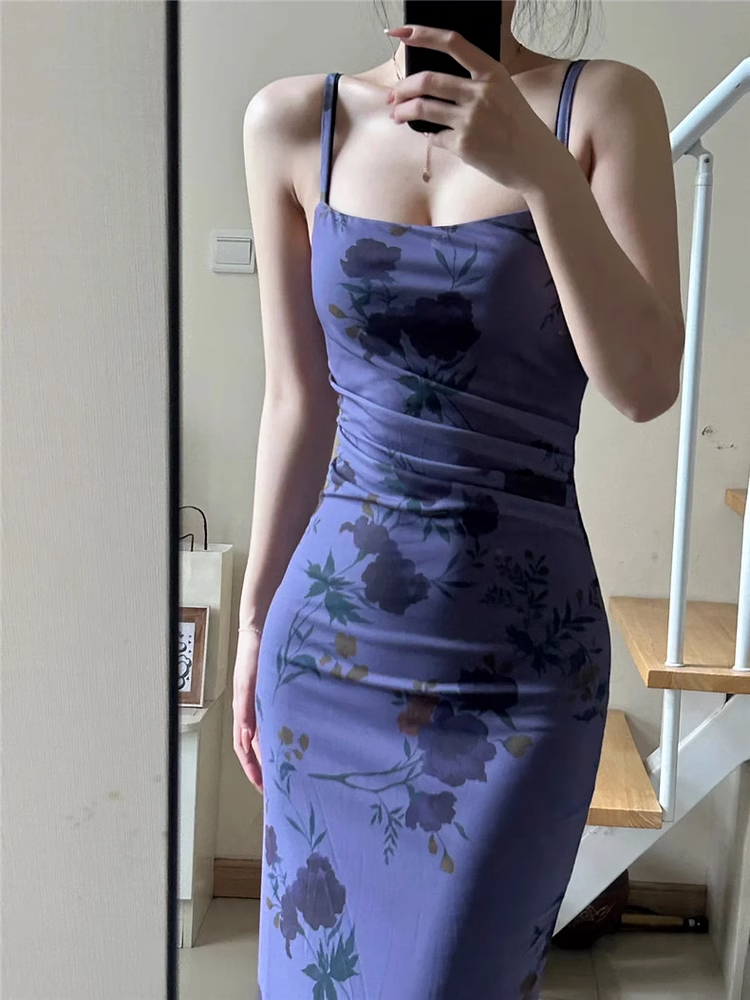 Purple floral suspender dress summer