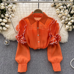 women's summer three-dimensional flower long sleeve mesh blouses