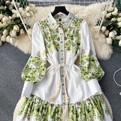 Autumn New French Retro Lapel Lantern Sleeve Printed Dress