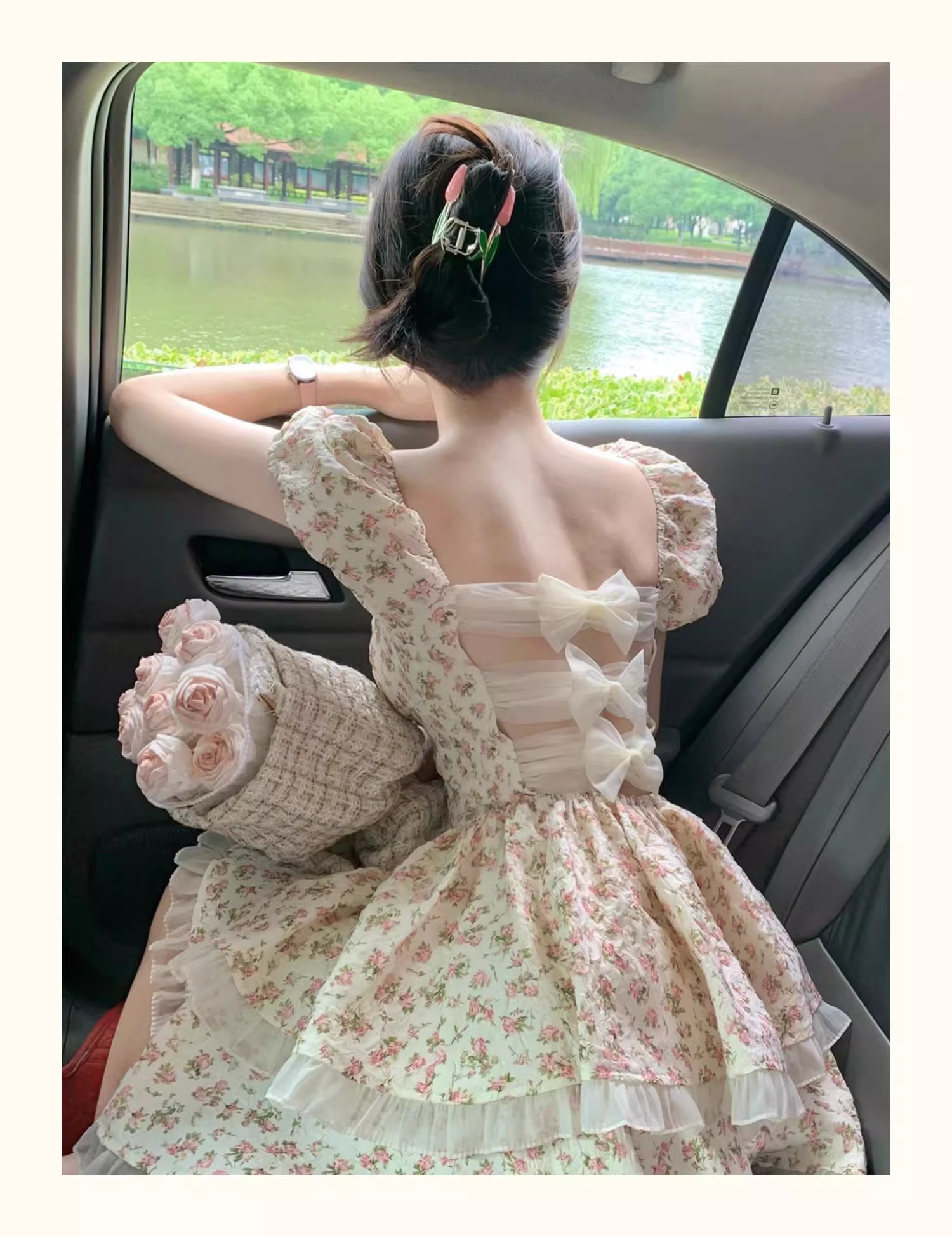 Floral dress with hollow bow on the back Princess Tutu Dress