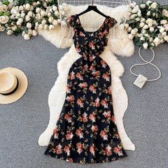 women's summer retro floral suspender dress