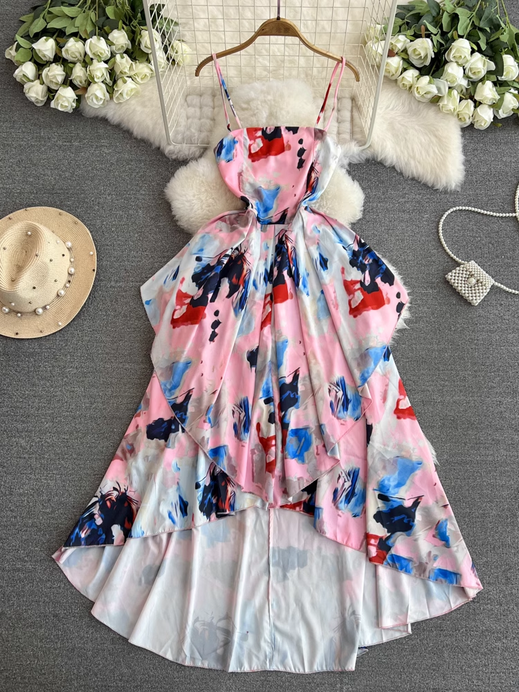 women's summer retro printed suspender dress