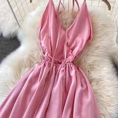 Pink V Neck Backless Summer Dress ,