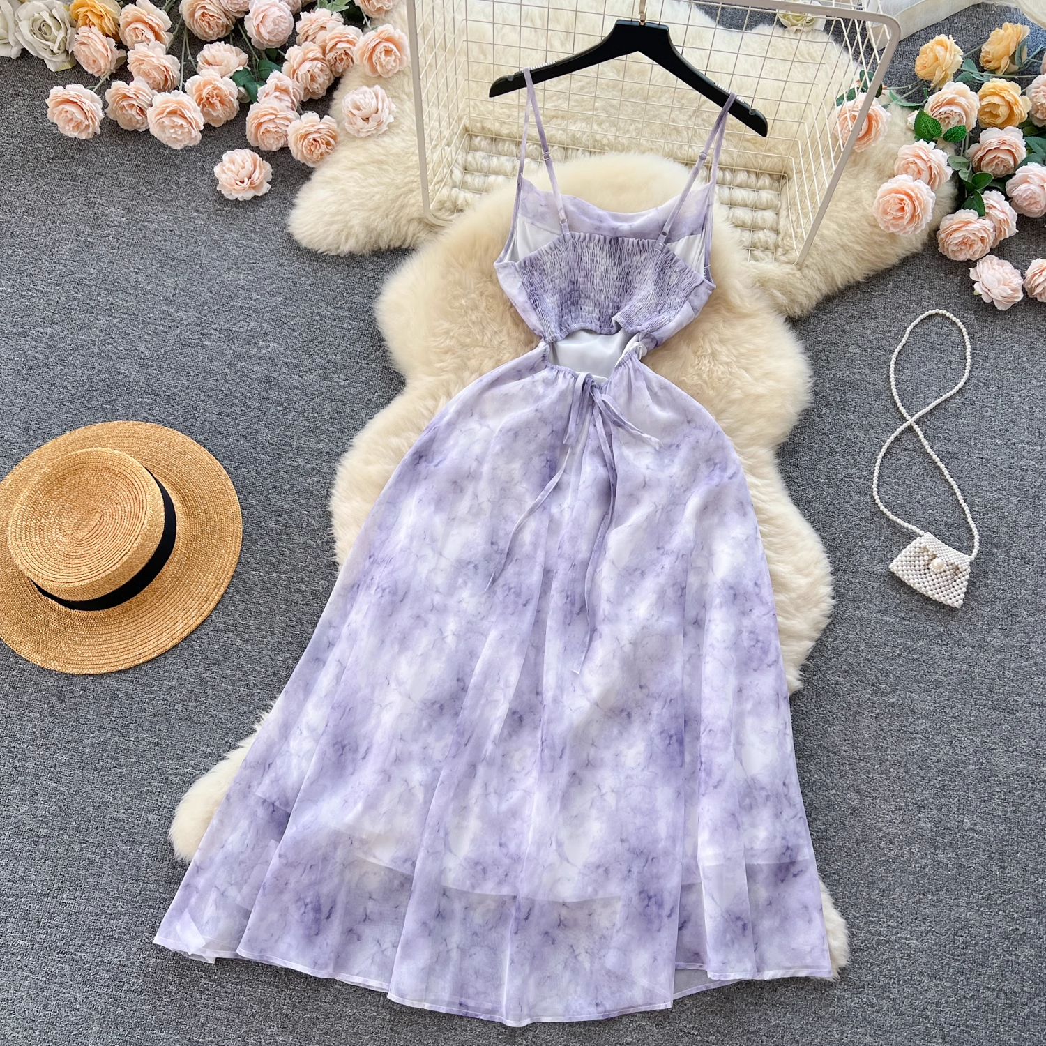 Smudge printing strap dress female seaside vacation chiffon beach skirt