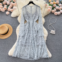 Women's Retro Round Neck Long Sleeve Lace Dress