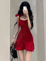 women's new summer style red suspender dress