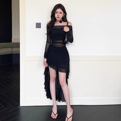 Black sexy off the shoulder see-through dress