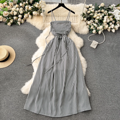 women's long striped suspender dress