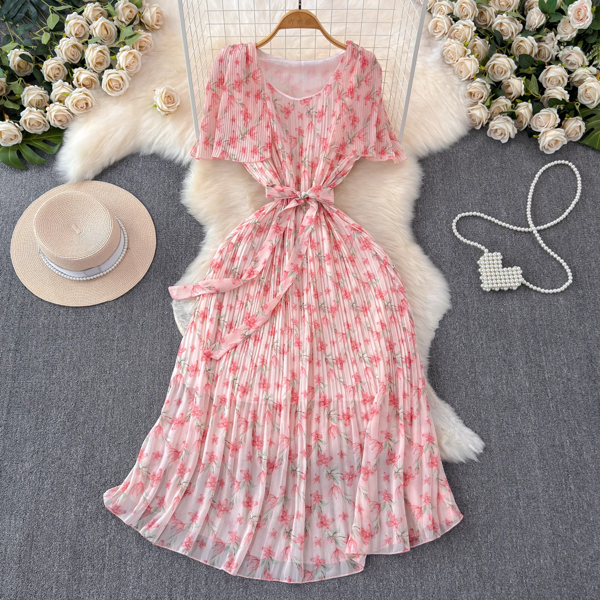 A-line pleated floral dress for beach vacation