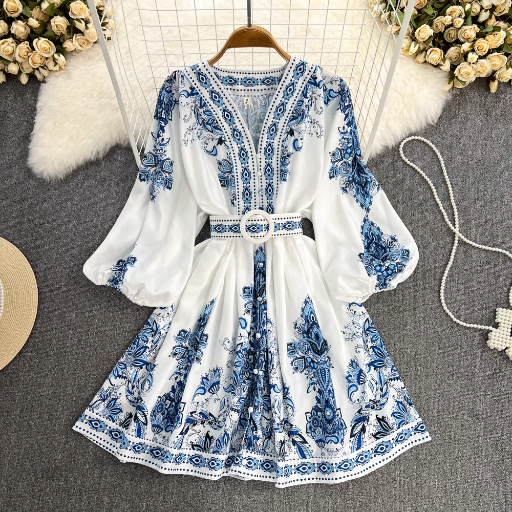 Printed Balloon Sleeve V-neck Dress ,