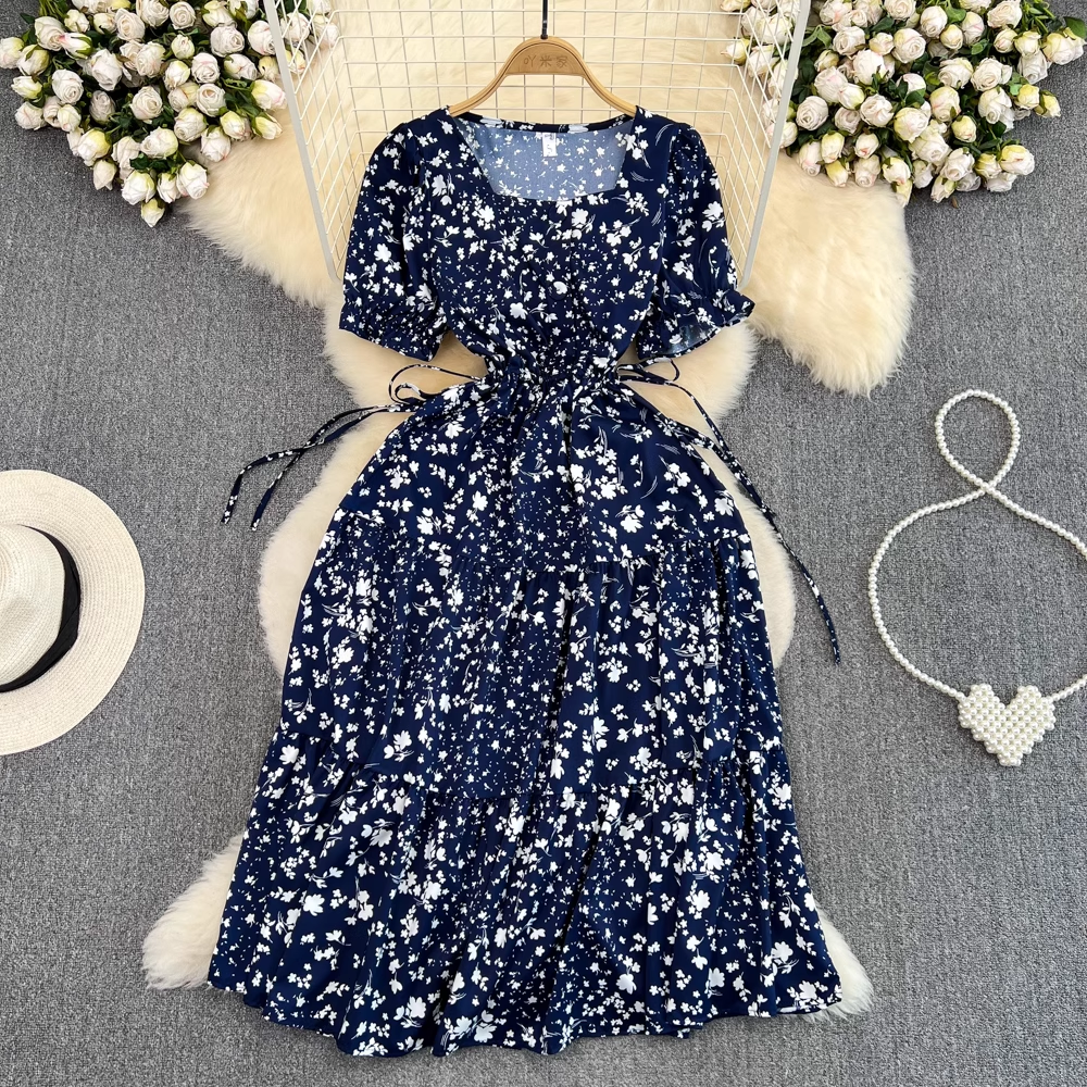 Square collar puff sleeve summer fluffy princess dress,