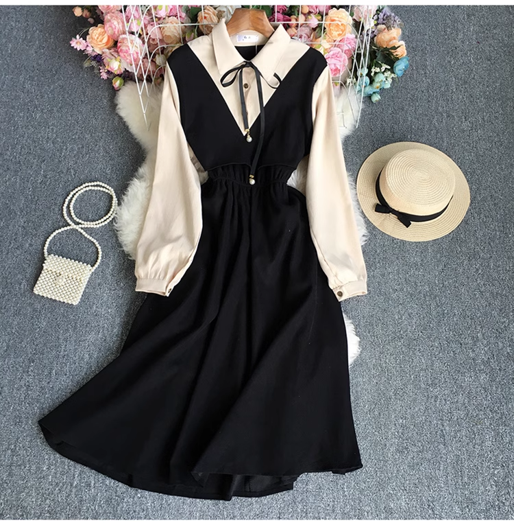 Fake two piece color block long sleeve dress