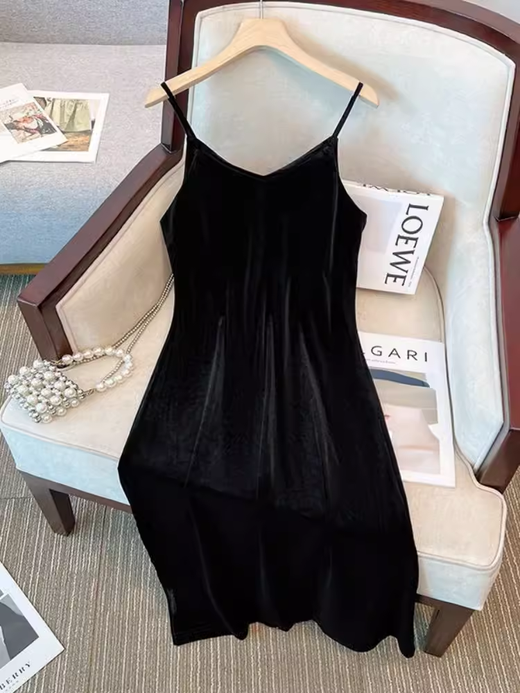 Black velvet slip dress