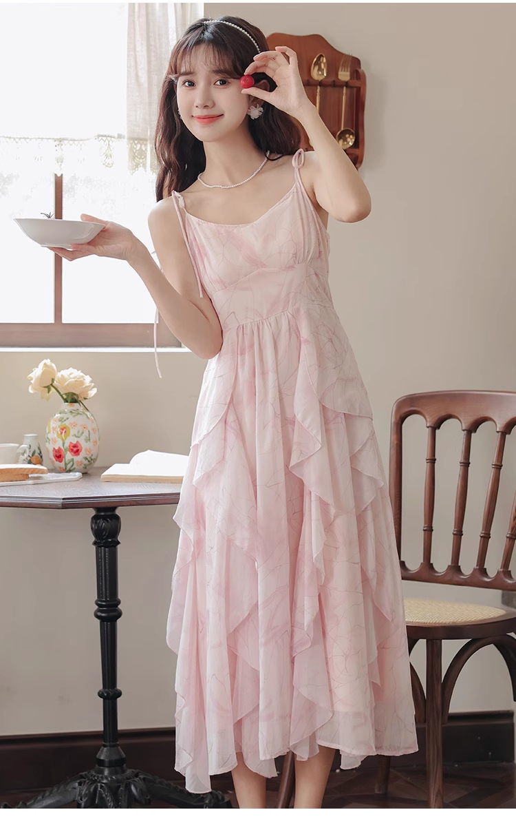 Pink ruffled chiffon suspender dress for women summer