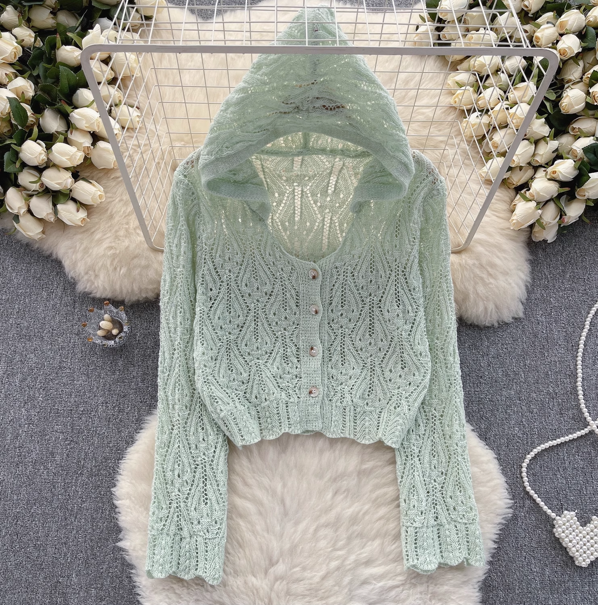 women's hollow crochet long sleeve knitted hooded shirt