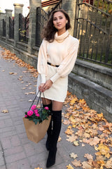 Lantern Sleeve Bodycon Turtleneck Knit Sweater Dress