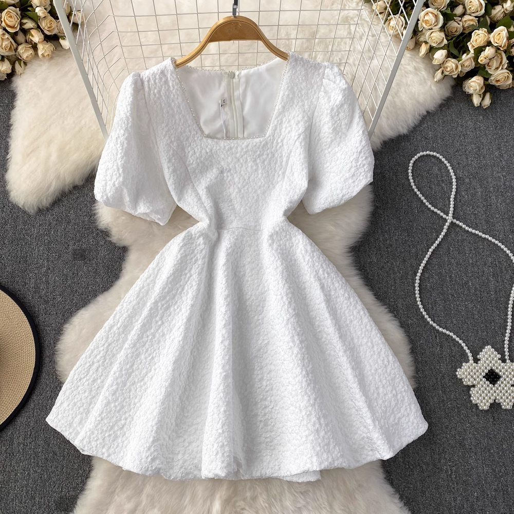 Bubble Short Sleeve Square Neck Short A-Line Puff Dress,