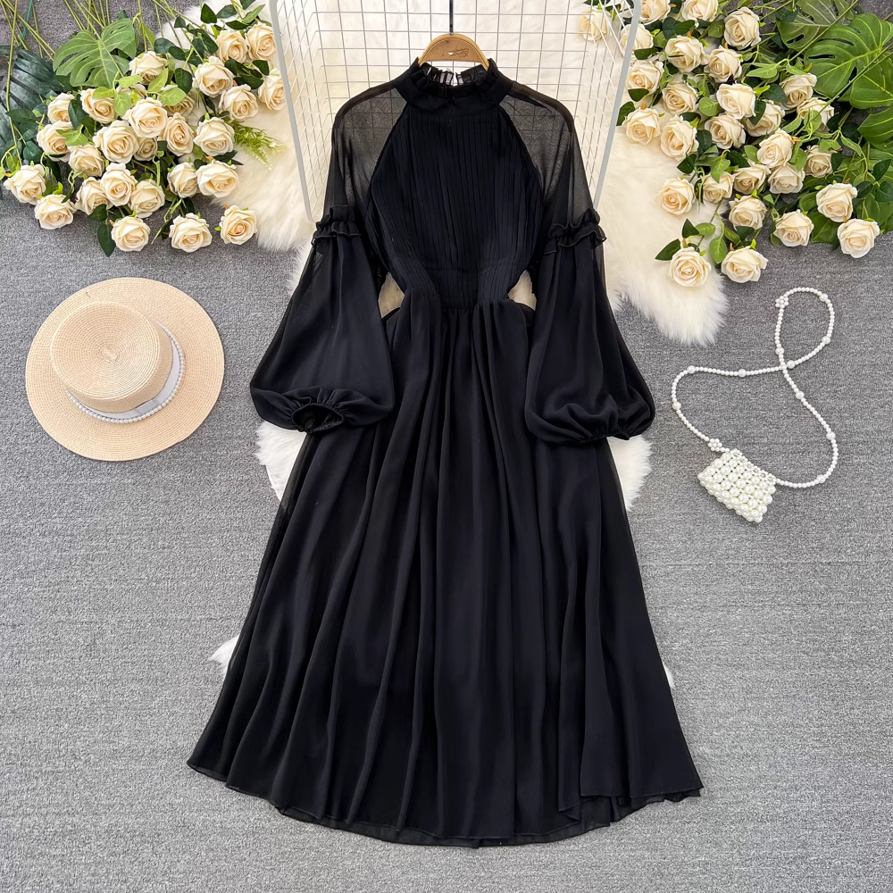 Lantern long sleeve stand collar waist a line pleated chiffon dress