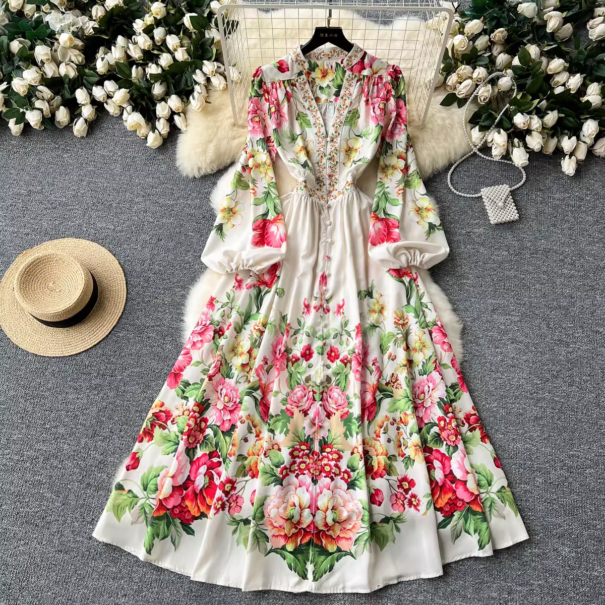 Women's summer lantern sleeve printed dress