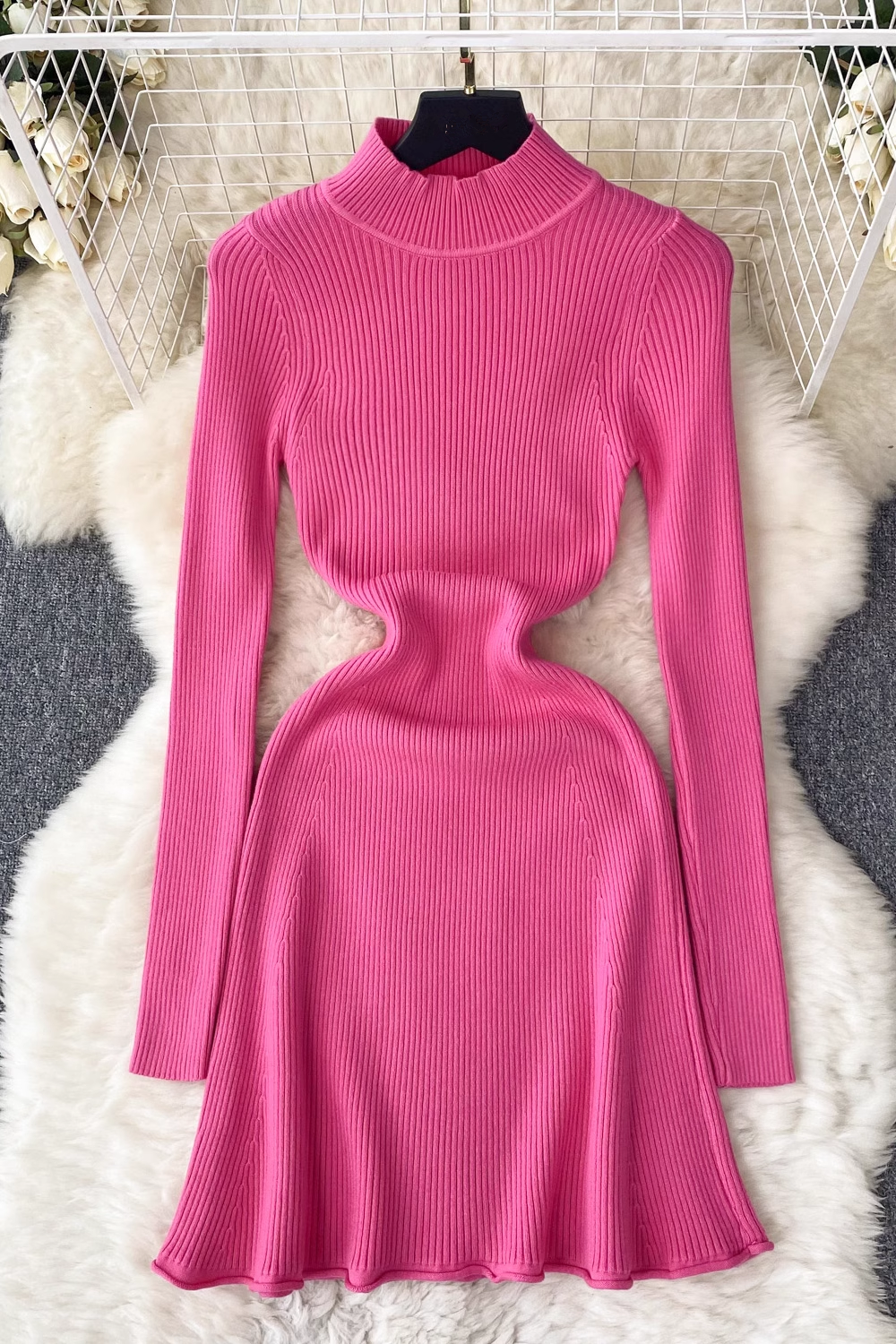 Solid color knitted dress women's autumn and winter half turtleneck tight dress