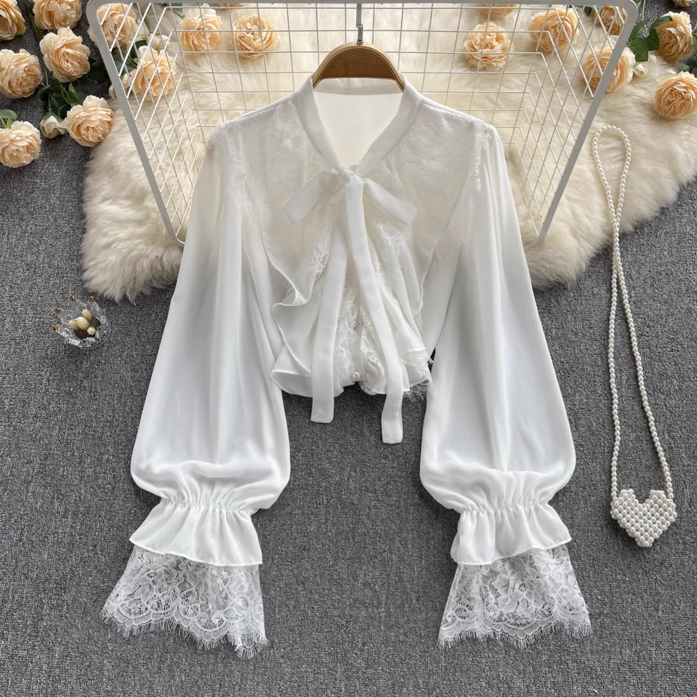 Ruffle Trim Blouses Panel Lace Chiffon Long Sleeves