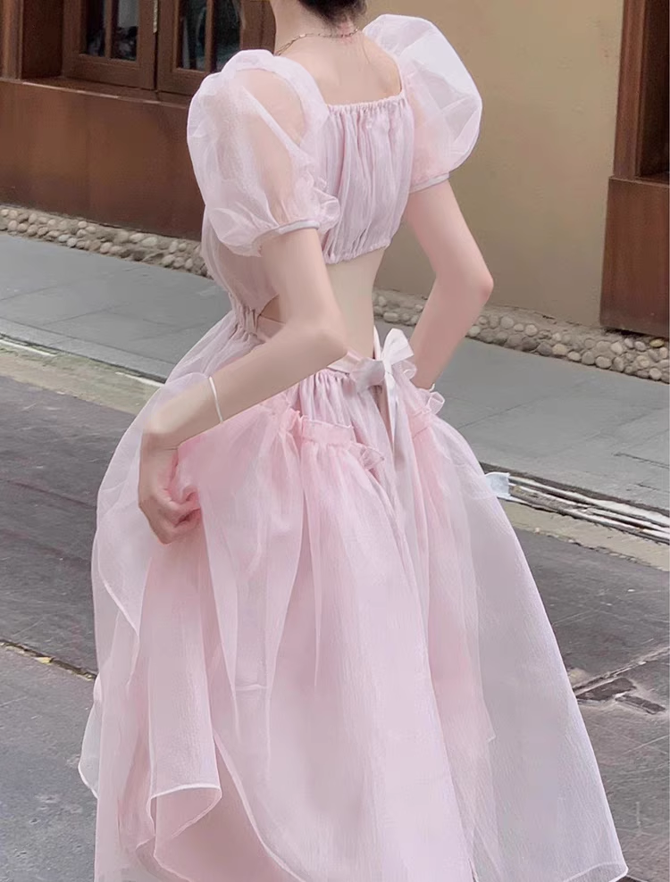 Pink backless dress for women summer puff sleeve long dress