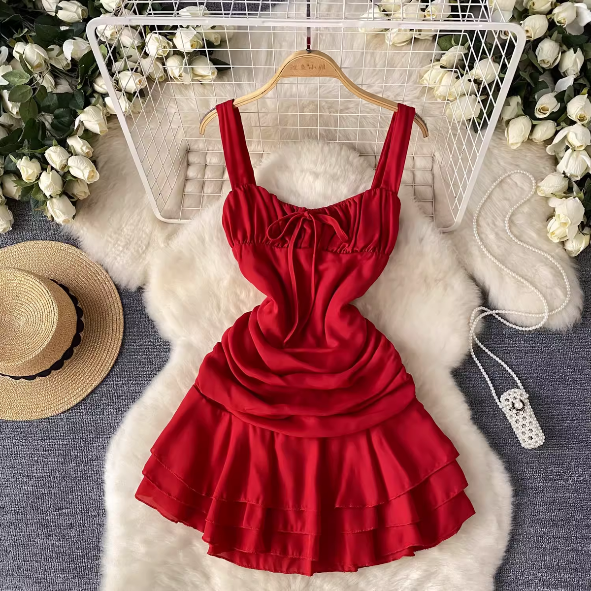 Red ruffle suspender short dress