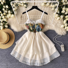 French retro style suspender dress for women summer rose embroidered straps