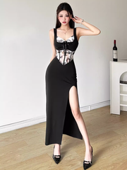 Retro Sexy Suspender Dress for Women Lace Color Block Dress