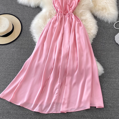 Pink V Neck Backless Summer Dress ,