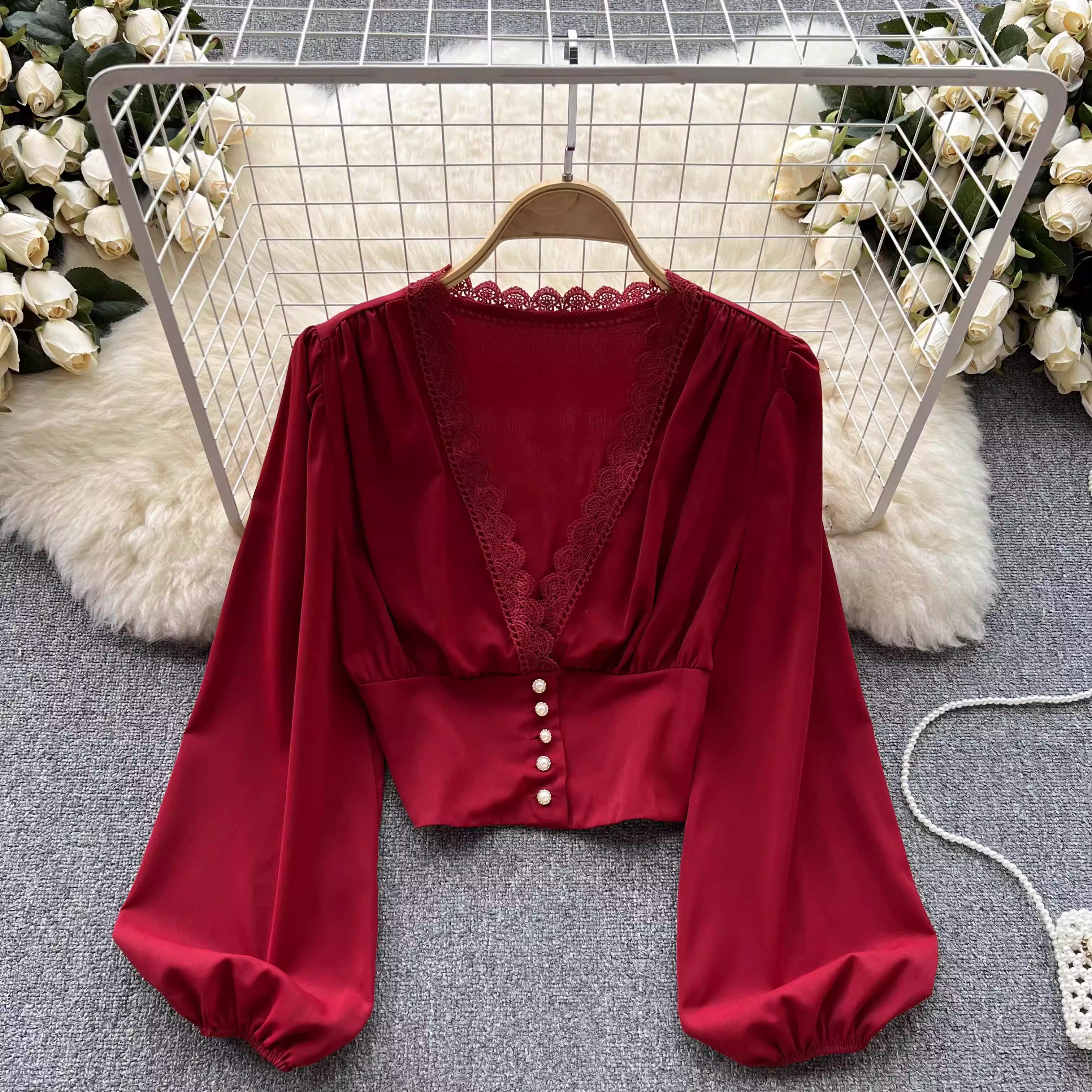 Lantern sleeve slim waist slimming long sleeves blouses ,