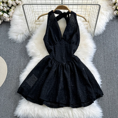 Halterneck deep V-neck backless sleeveless a-line short puffy dress