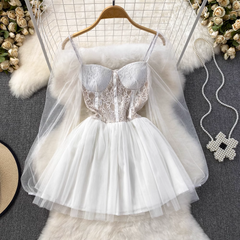 Long-sleeve square neck mesh stitching waist a-line fluffy princess dress summer dress,