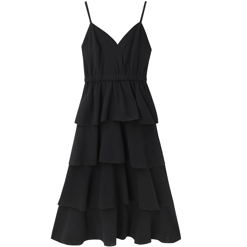 Summer black v-neck suspender dress