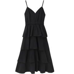 Summer black v-neck suspender dress