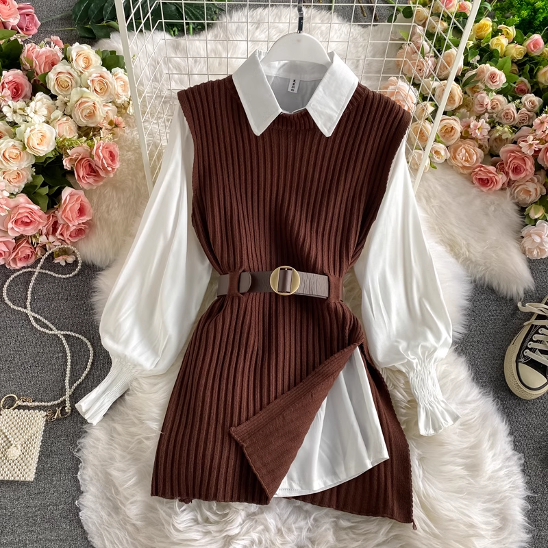 Long Shirt Tie Knit Vest Two-Piece Set,