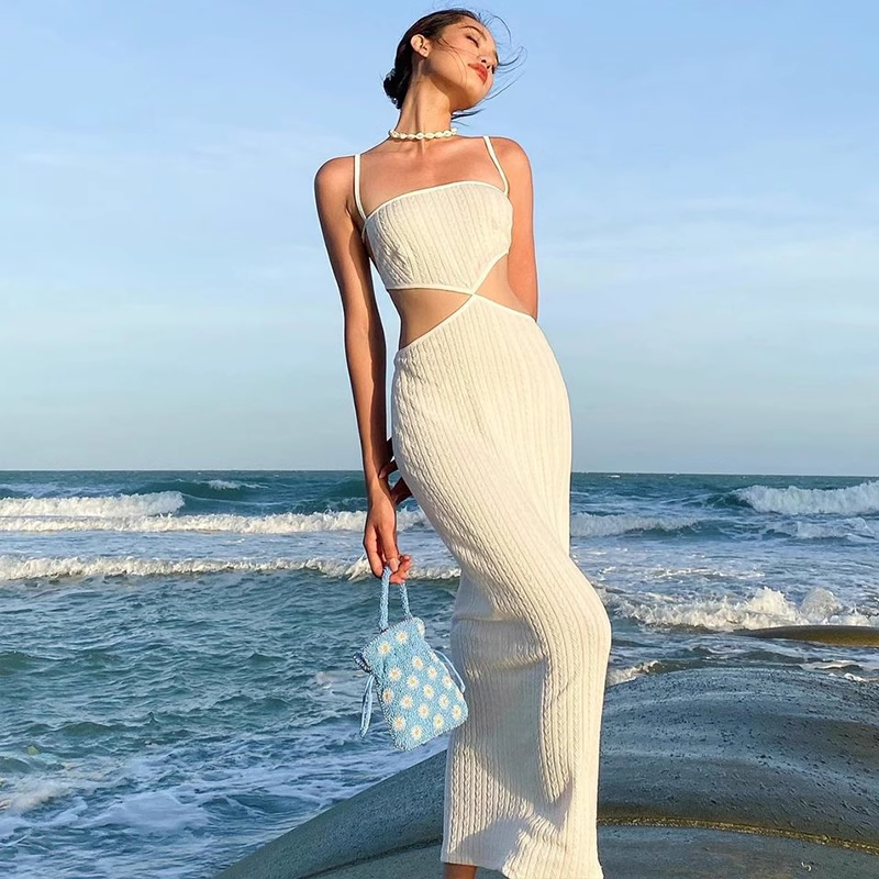 Summer Sexy Hollow Backless Strappy Maxi Dress ,