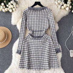 Women's high-end plaid knitted dress in autumn and winter