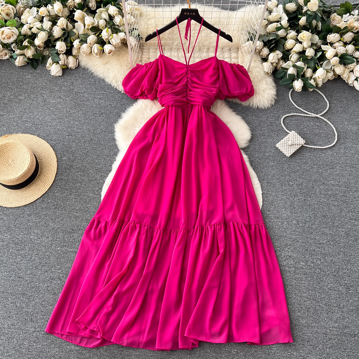 Women's summer strapless pleated dress with straps