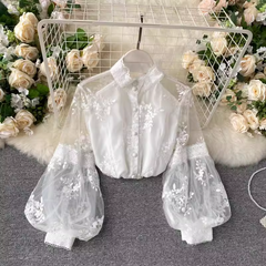 Mesh lace top women's stand-up collar three-dimensional embroidery puff sleeve court style Lace Blouses,