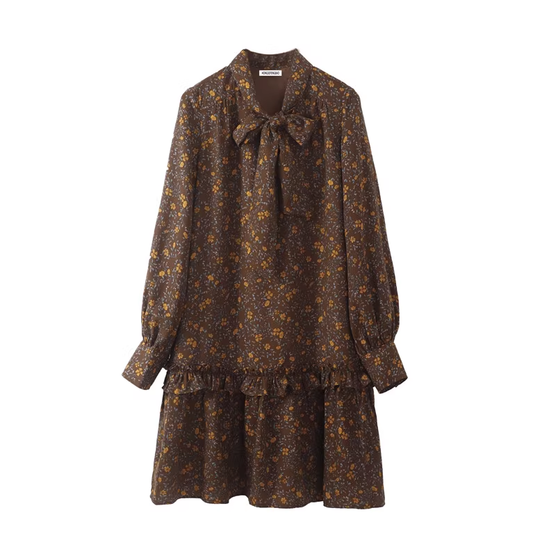 Retro loose mid-length brown strappy floral long-sleeved dress for autumn and winter women