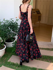 Women's summer black rose floral suspender dress