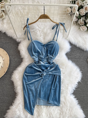 Autumn and winter fashionable and sexy velvet irregular suspender dress with breast pads for women