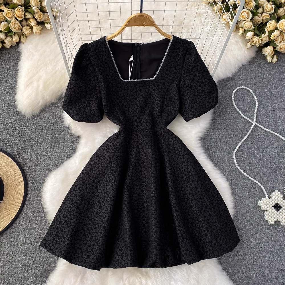 Bubble Short Sleeve Square Neck Short A-Line Puff Dress,