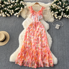 Sexy hollow backless floral chiffon vacation dress