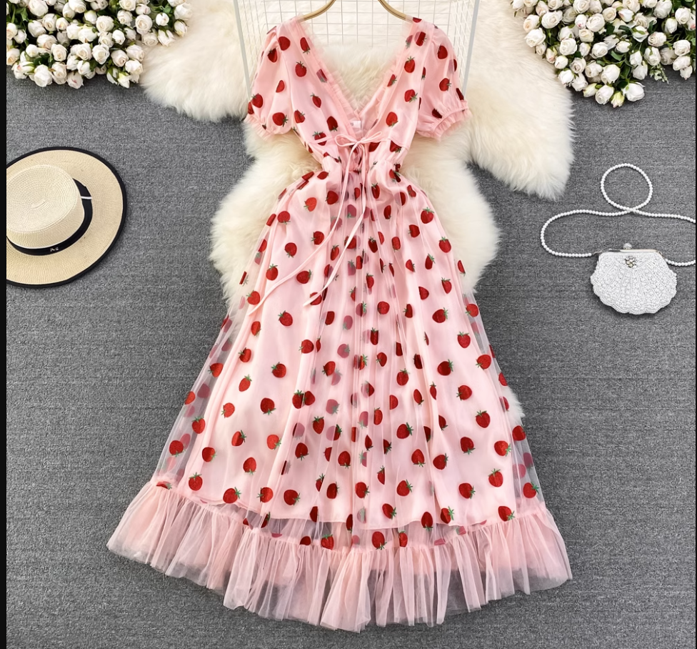 Strawberry V Neck Tulle Summer Dress ,