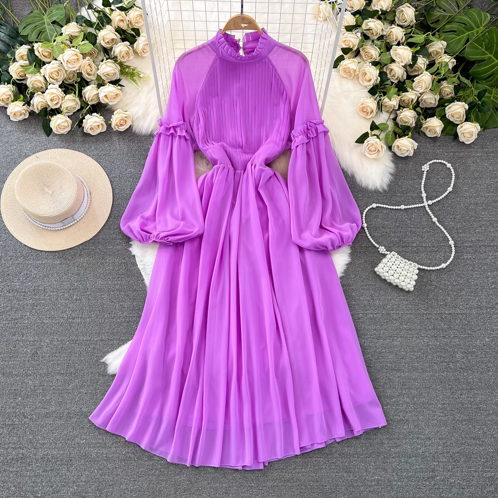 Lantern long sleeve stand collar waist a line pleated chiffon dress