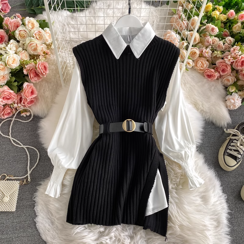 Long Shirt Tie Knit Vest Two-Piece Set,