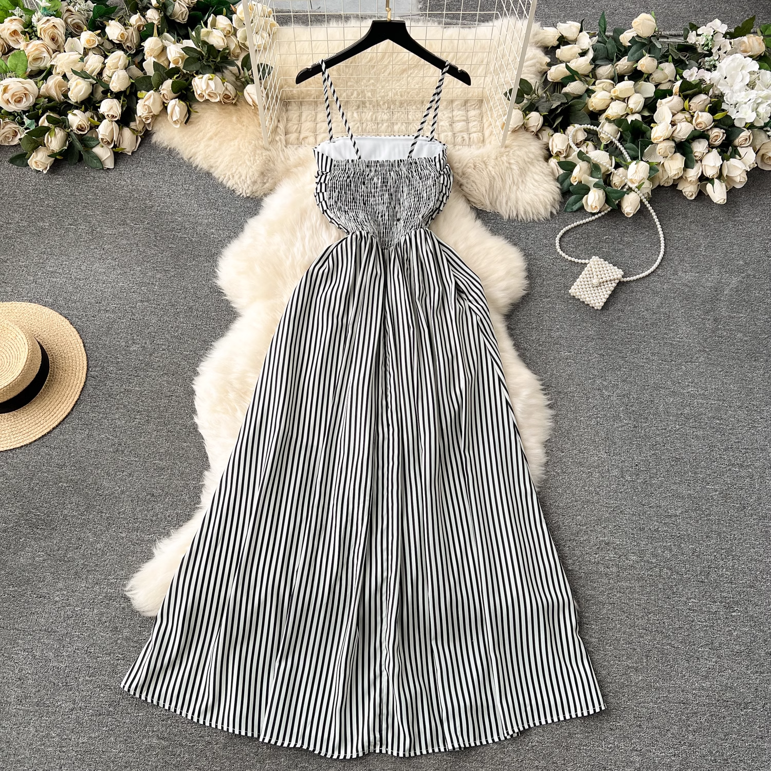 women's long striped suspender dress