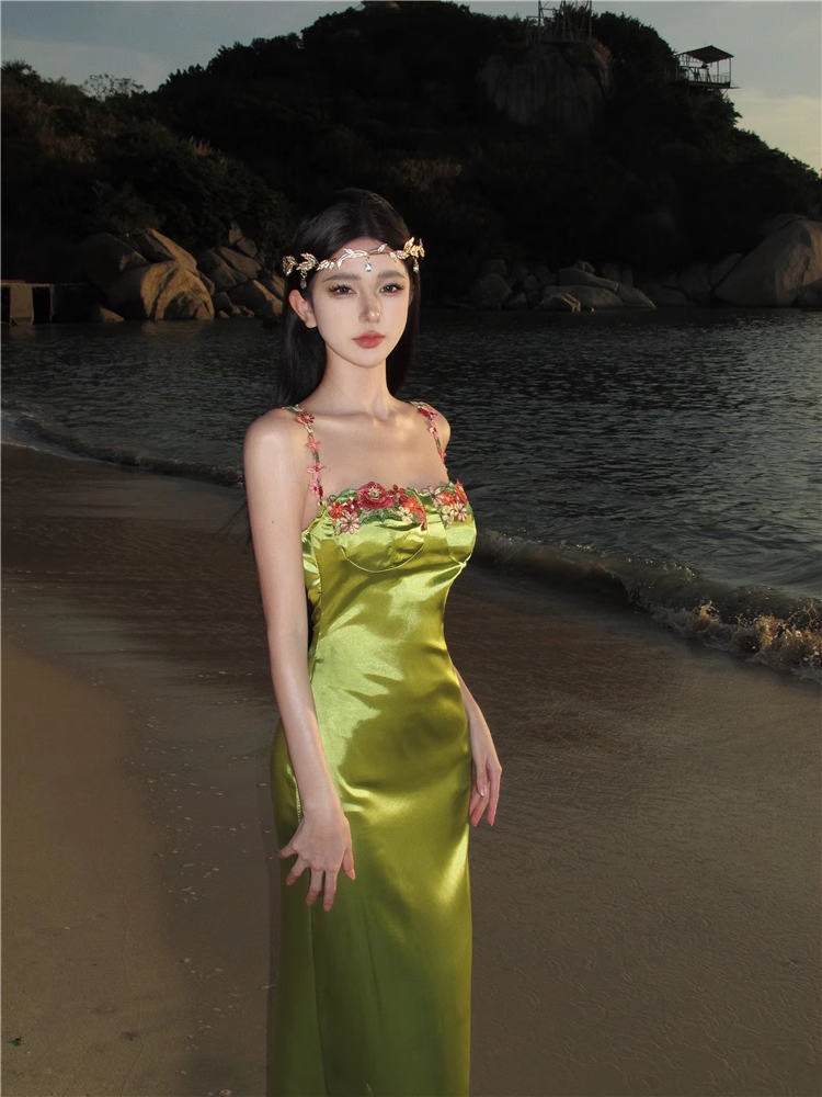 Long green satin holiday dress